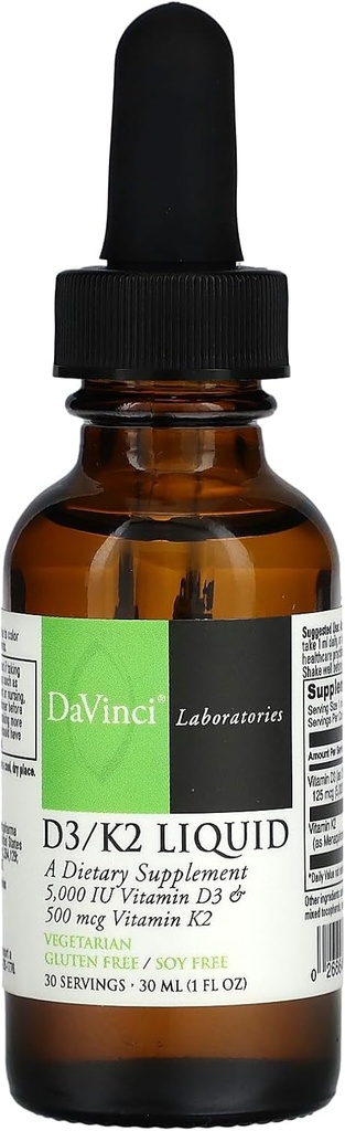 DAVINCI Labs D3/K2 Liquid - Liquid Vitamin D & Vitamin K συμπλήρωμα για την υγεία των οστών, την υποστήριξη της καρδιάς και την απορρόφηση ασβεστίου - 30mL (30 μερίδες)