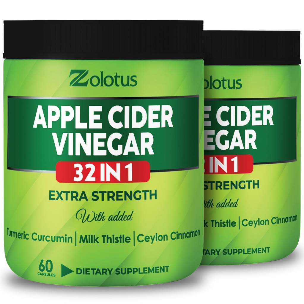 Zolotus Apple Cider Vinegar Κάψουλες 32in1, με Turmeric, Cinnamon, Milk Thistle, Berberine, Elderberry, Quercetin - (2 συσκευασίες) 60 Κάψουλες