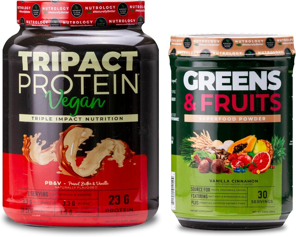 Nutrology Πράσινα & Φρούτα Σκόνη-Φυσικά πηγμένο Superfood, Βανίλια Κανέλα (30 εξυπηρετούν) TRIPACT Vegan πρωτεΐνη σκόνη, φυστικοβούτυρο βανίλια (20 εξυπηρετούν)