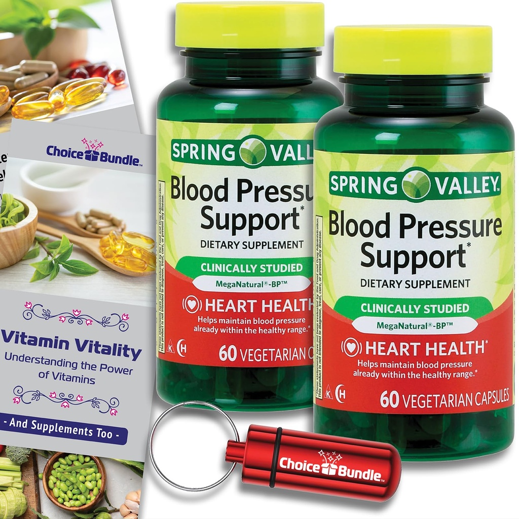 Choice Bundle Spring Valley Υποστήριξη πίεσης αίματος Χορτοφαγικές κάψουλες 60 Ct 2 pk (120 Σύνολο) + Βιταμίνη Οδηγός & Χάπια (4 αντικείμενα)!