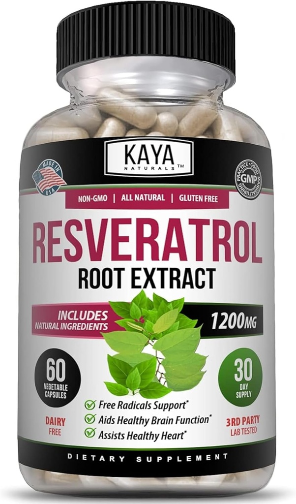 Kaya Naturals - Κάψουλες ρεσβερατρόλης - Συμπλήρωμα κατά της γήρανσης - Αντιοξειδωτικά με την υποστήριξη του εγκεφάλου - Μέγιστο Οφέλη - 60 Κάψουλες Veggie
