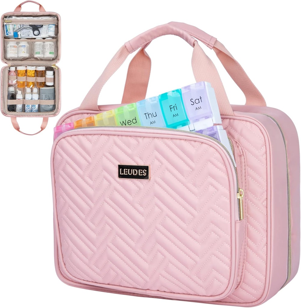 Leudes Travel Pill Bottle Organizer, Medicine Organizer and Storage,Home Τσάντα φαρμακευτικής αγωγής, κάσες, Carrier για χάπια, Vitamin, Fish Oil, Συμπληρωματικά για γυναίκες και άνδρες (Large, ροζ)