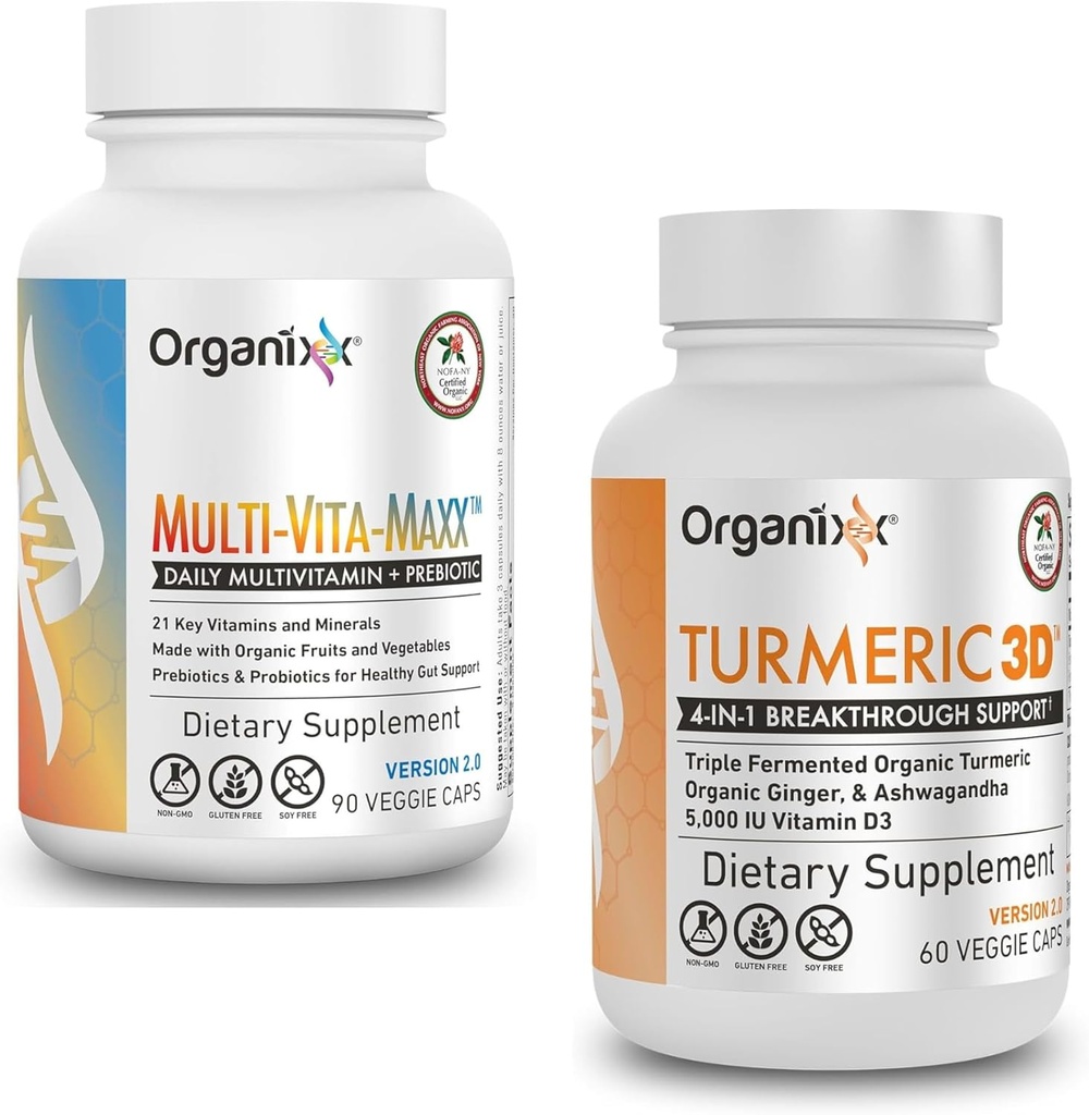 Organixx Turmeric Curcumin (60 Vegetarian Capsules) & Multi-Vita-Maxx Whole Food Multivitamin(90 Gel Capsules)