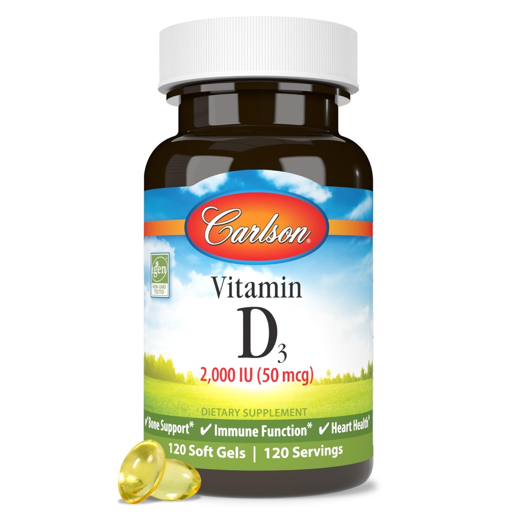 Carlson - Βιταμίνη D3, 2000 IU (50 mcg), Ανοσολογική Υποστήριξη, Υγεία των οστών, Μυική Υγεία, Χοληκαλσιφερόλη, Συμπληρώματα βιταμίνης D, Βιταμίνη D3 Soft Gels, 120 Softgels