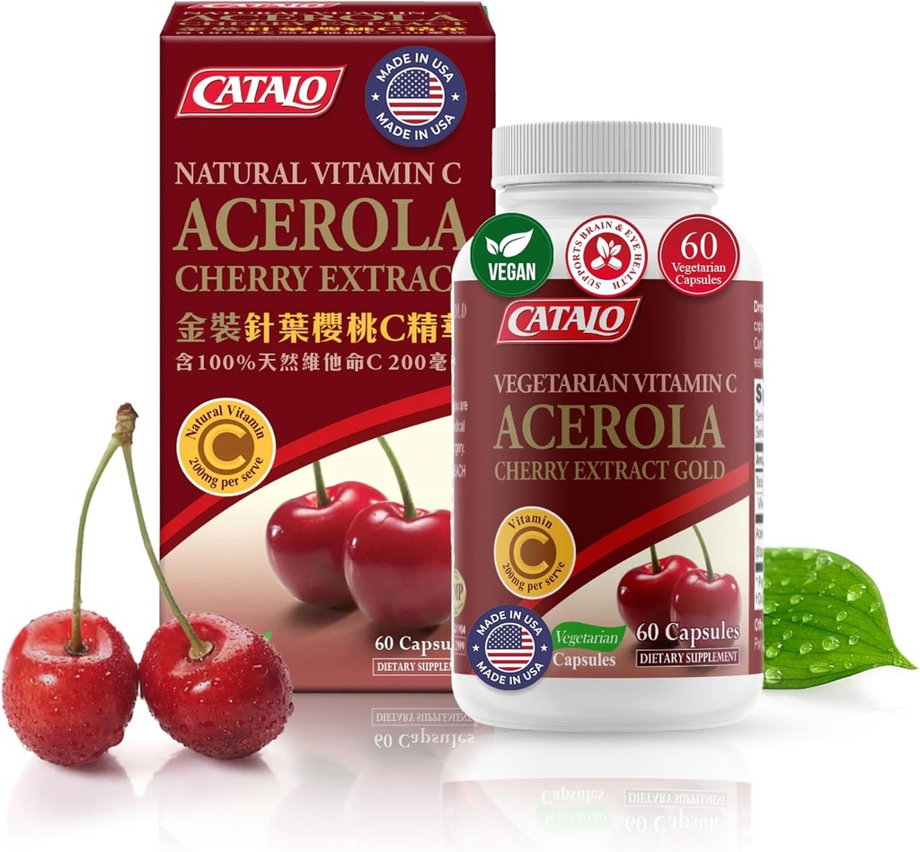 CATALO Acerola Cherry Extract Κάψουλες – Βιταμίνη C από Κεράσια Acerola, με βάση το φυτό, χωρίς συνθετική βιταμίνη C, χωρίς τεχνητά χρώματα ή συντηρητικά – 60 κάψουλες χορτοφάγων