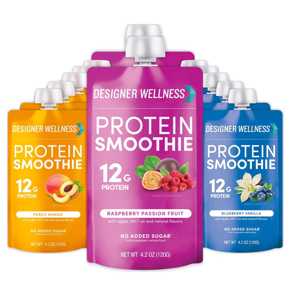 Designer Wellness Protein Smoothie, Super Fruit Variety Pack, 12g Whey Protein, Real Fruit Smoothie Snack, No Added Sugar, Low Carb, Gluten-Free, Shelf-Stable Protein Pouches with MCT Oil - 12 Pack (4.2 Fl Oz each)