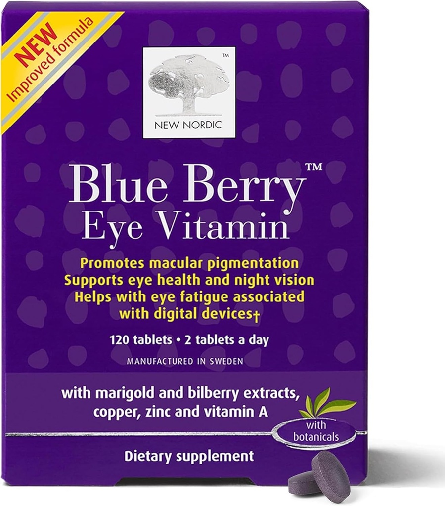 NEW NORDIC Blue Berry Eye Vitamin Lutein Supplement with Zinc, Υποστηρίζει τη λειτουργία χρωματισμού, ματιών & όρασης, 120 δισκία (Pack of 1)