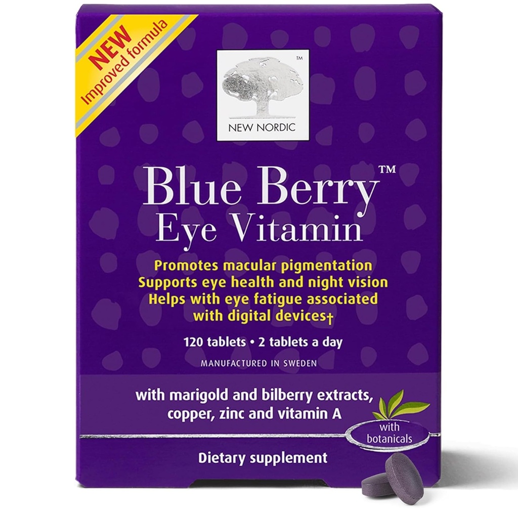 NEW NORDIC Blue Berry Eye Vitamin Lutein Supplement with Zinc, Υποστηρίζει τη λειτουργία χρωματισμού, ματιών & όρασης, 120 δισκία (Pack of 1)