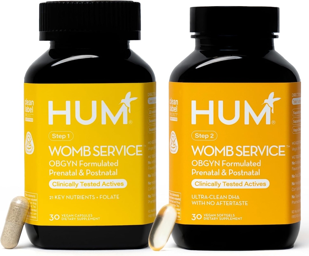HUM Womb Service Μεταγεννητικά & προγεννητικά συμπληρώματα για γυναίκες, OBGYN Formulated with Vegan DHA, Choline & Folate, Καθαρά καθημερινά θρεπτικά συστατικά, Pre-to-Post Υποστήριξη εγκυμοσύνης, 30 Vegan Κάψουλες & 30 Softgels