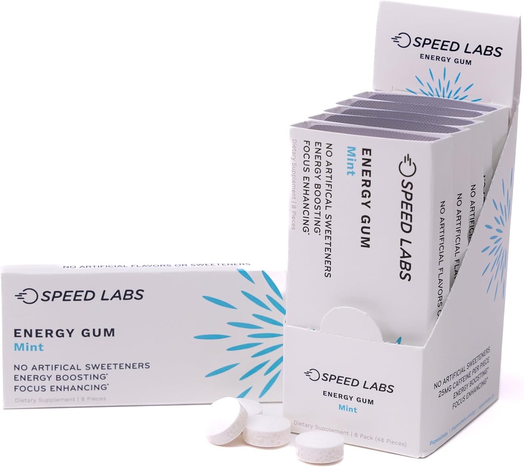Speed Labs Μέντα Φυσική Caffeine Energy Gum 25mg καφεΐνη, Ταυρίνη, Β Βιταμίνες ανά κομμάτι, 48 τεμάχια (6 συσκευασίες των 8) Χωρίς ζάχαρη, Μηδέν θερμίδες, Φυσικά ζαχαρούχο, Χωρίς γλουτένη
