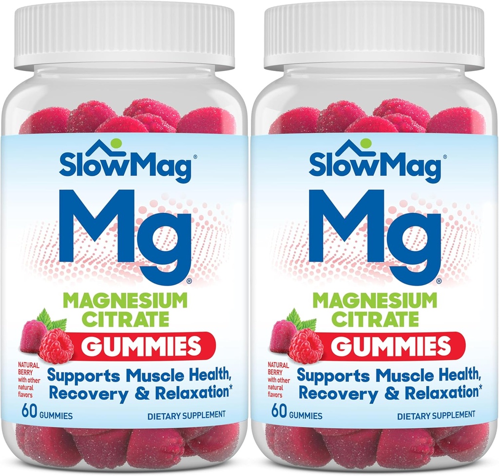 SlowMag Μαγνήσιο Citrate Gummies, 60 Count, υποστηρίζει την υγεία των μυών, φυσικό άρωμα μούρων, ανάκτηση και χαλάρωση πακέτο των 2