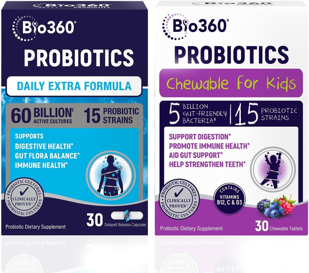 Probiotic Bundle for Adults & Kids – 60B CFU Extra Strength Capsules + 5B CFU Chewable Tablets – 15 Strains for Digestive, Immune, & Brain Health – Υποστηρίζει το έντερο, δυσκοιλιότητα, Bloating, & Gas Relief
