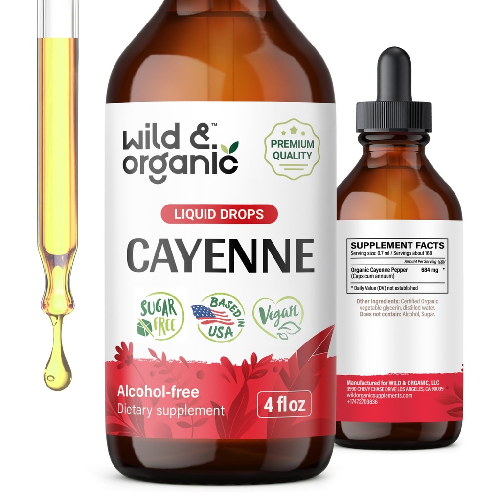 Άγρια & Βιολογική Βάμμα Πιπεριού Cayenne - Digestive Υποστήριξη με εκχύλισμα καψαϊκίνης - Υγρές σταγόνες πιπεριού Cayenne για τη συνολική ευεξία - Vegan, ζάχαρη & αλκοόλ-ελεύθερο - 4 fl oz