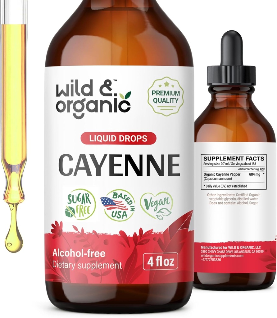Άγρια & Βιολογική Βάμμα Πιπεριού Cayenne - Digestive Υποστήριξη με εκχύλισμα καψαϊκίνης - Υγρές σταγόνες πιπεριού Cayenne για τη συνολική ευεξία - Vegan, ζάχαρη & αλκοόλ-ελεύθερο - 4 fl oz