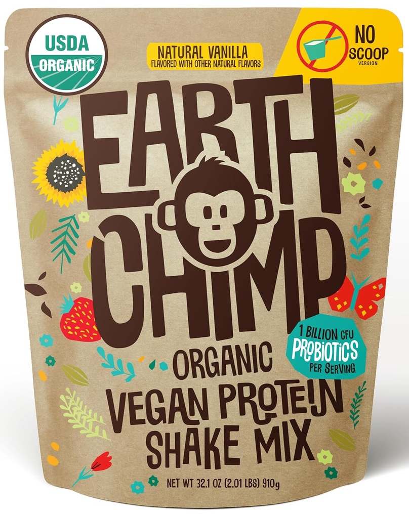 EarthChimp Organic Vegan Protein Powder - με Προβιοτικά - Μη ΓΤΟ, Γαλακτοκομικά Χωρίς, Μη Ορός γάλακτος, Πρωτεΐνες με βάση το φυτό Σκόνη για γυναίκες και άνδρες, Χωρίς γλουτένη - 26 Μερίδες 32 Oz (Vanilla) No Scoop