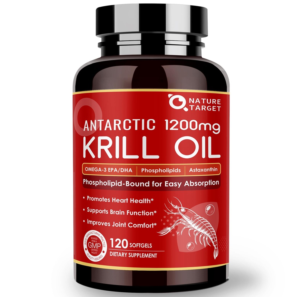 NATURE TARGET Krill Oil 1200mg με Omega-3 EPA & DHA με Ασταξανθίνη, Φωσφολιπίδια & Χολίνη - Υποστηρίζει την καρδιά, τον εγκέφαλο, συμμετοχή στην υγεία, μη ΓΤΟ, χωρίς γλουτένη, 120 Softgels (60 Services)