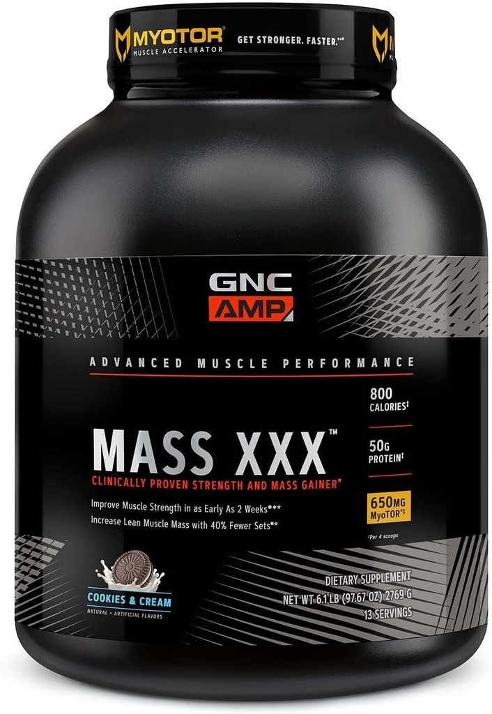 GNC AMP Μάζα XXX, Κλινικά Αποδεδειγμένη Κερδίζοντας βάρος πρωτεΐνη σκόνη, Βελτιώνει τη δύναμη, το μέγεθος, 780 θερμίδες, 50g πρωτεΐνη, Μικρονωμένα Αμινοξέα, Creatine, Betaine, Cookies & Κρέμα, 13 εξυπηρετούν, 6 SVG