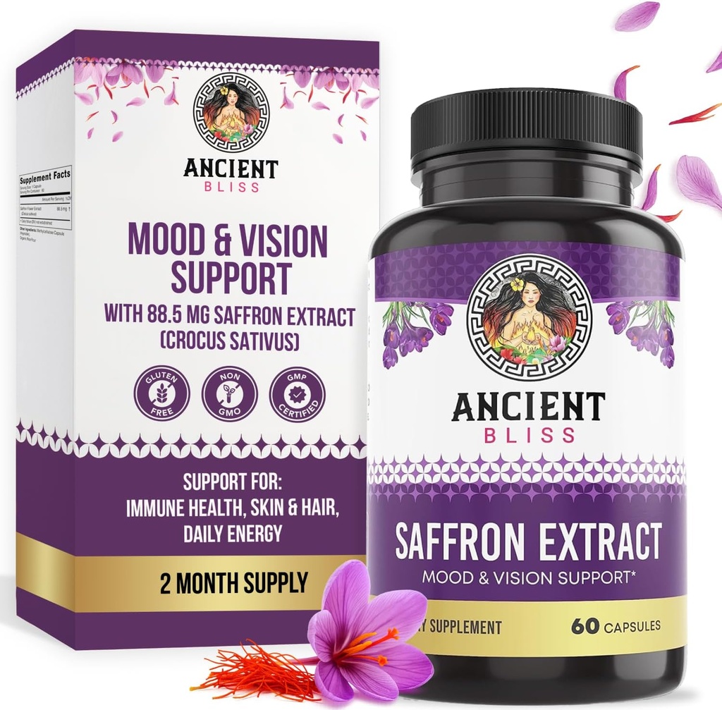 Αρχαία Bliss Saffron Extract Κάψουλες Mood & Eye Support Supplement, Saffron Extract Appetite Καταπιεστική Διαχείριση Βάρος για γυναίκες & άνδρες (60 κάψουλες)