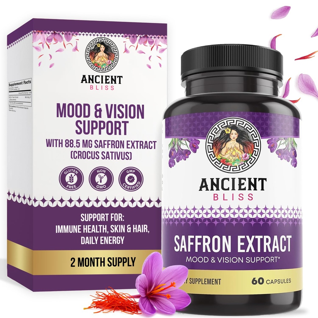 Ancient Bliss Saffron Extract Capsules Mood & Eye Support Supplement, Saffron Extract Appetite Suppressant Weight Management for Women & Men (60 Capsules)