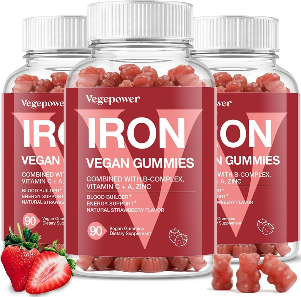 Iron Gummies Συμπληρώματα για παιδιά & γυναίκες - Πολυβιταμίνη με σίδηρο για το αίμα Υγιεινή, Μεγάλη γεύση Βιταμίνες Gummy με βιταμίνη C για μέγιστη απορρόφηση - Φράουλα (3 συσκευασίες)