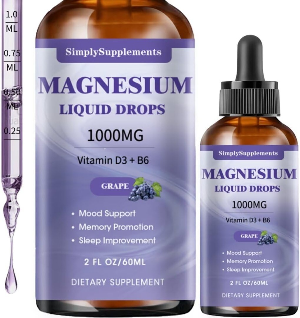 Triple Magnesium Complex Liquid Drops, 1000mg Magnesium Glycinate Drops, Taurate & Citrate με L-θεανίνη, Βιταμίνη D3 & B6 για τον ύπνο και την υποστήριξη των μυών, Ήρεμο μαγνήσιο, άρωμα σταφυλιού, 2 Fl OZ