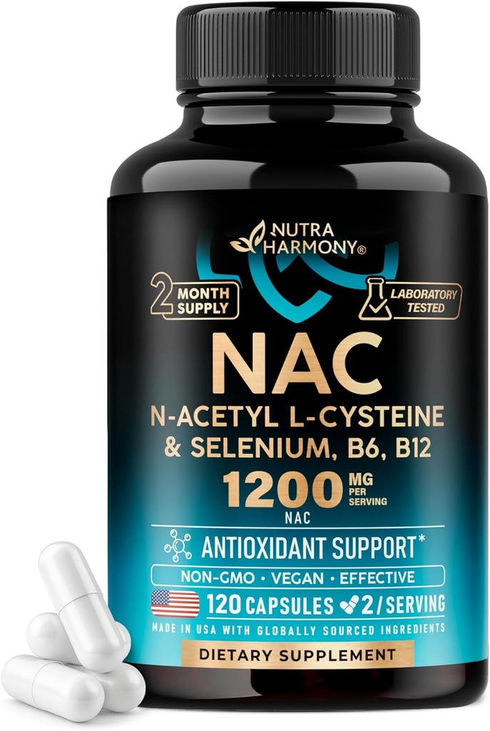NAC Supplement | Selenium | B6 | B12 - Antioxidant, Immune Support - N Acetyl Cysteine 600 mg per Capsule, 1200 mg per Serving - Made in USA - Non-GMO, Gluten-Free, Vegan - 120 caps, 2 Month Supply