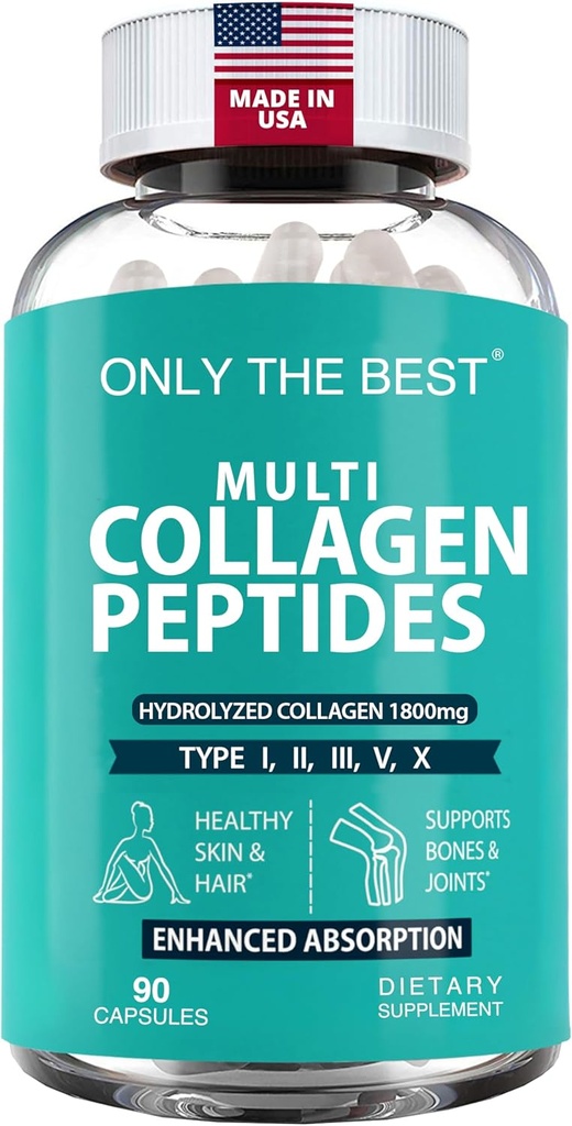Premium Multi Collagen Peptides Κάψουλες 1800mg - Τύποι I, II, III, V, X για την υποστήριξη του δέρματος, των μαλλιών, των νυχιών - Βοηθά τα οστά, αρθρώσεις, μύες, & Digestive υγεία* Hydrolyzed Collagen Συμπλήρωμα 90 κάψουλες
