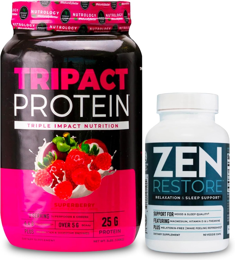 Nutrology TRIPACT Protein Powder, 7-in-1 Replacement Meal Shake, Superberry (40 σέρβις) Zen Natural Magnesium Supplement (30 σέρβις)