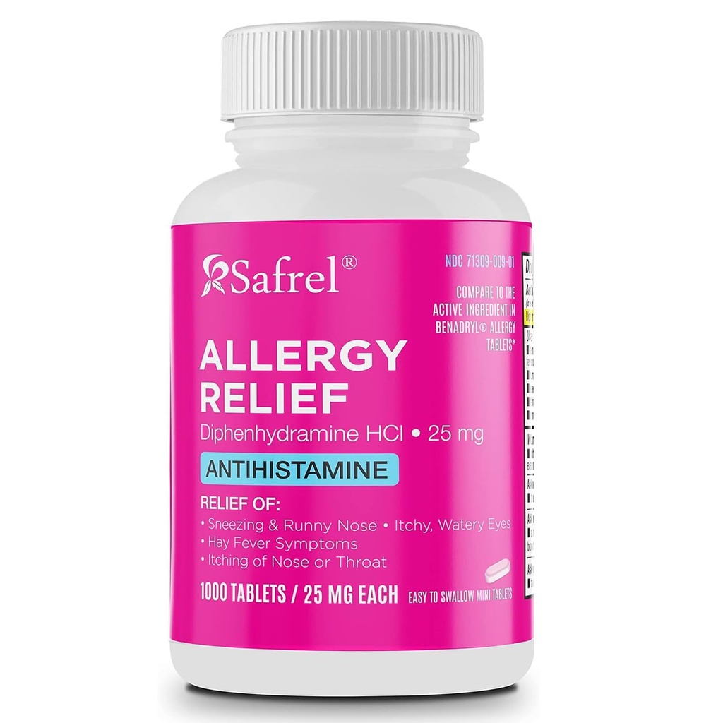 Safrel Allergy Relief Medication Diphenhydramine HCl Caplets 25 mg (1000 Count), Antihistamine Relieves Sneezing, Runny Nose, Hay Fever, Ichy Eyes and Throat, Seasonal Indoor & Outdoor Αλλεργία Χάπια