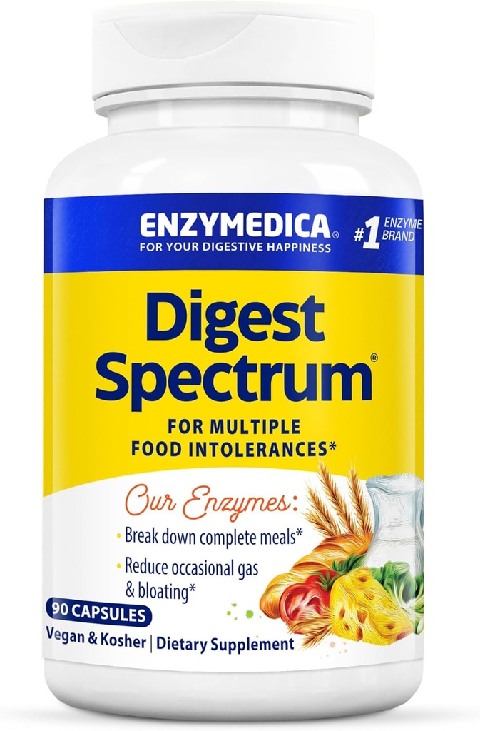 Enzymedica Digest Spectrum, Advanced Digestive Enzymes for Women and Men, υποστηρίζει την πέψη και πολλαπλές δυσανεξίες τροφίμων, ταχείας δράσης Formula for Gas and Bloating Relief, 90 κάψουλες FFP