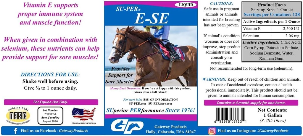 SU-PER E-Se Horses Antioxidant Supplement - Βιταμίνη Ε & Σελήνιο για πονεμένους μυς Υποστήριξη - 1 Gallon, 4 Μήνες Προσφορά (120 Ημέρες)