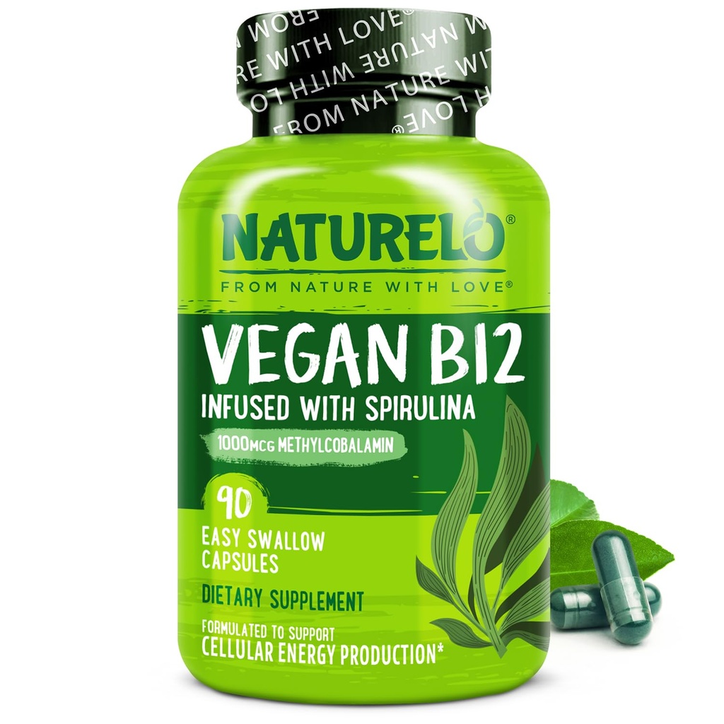 NATURELO Vegan B12 - Μεθύλιο B12 με οργανική σπιρουλίνα - Υψηλή ισχύς Βιταμίνη B12 1000 mcg Methylcobalamin - Υποστηρίζει υγιή διάθεση, ενέργεια, καρδιά και την υγεία των ματιών - 90 κάψουλες