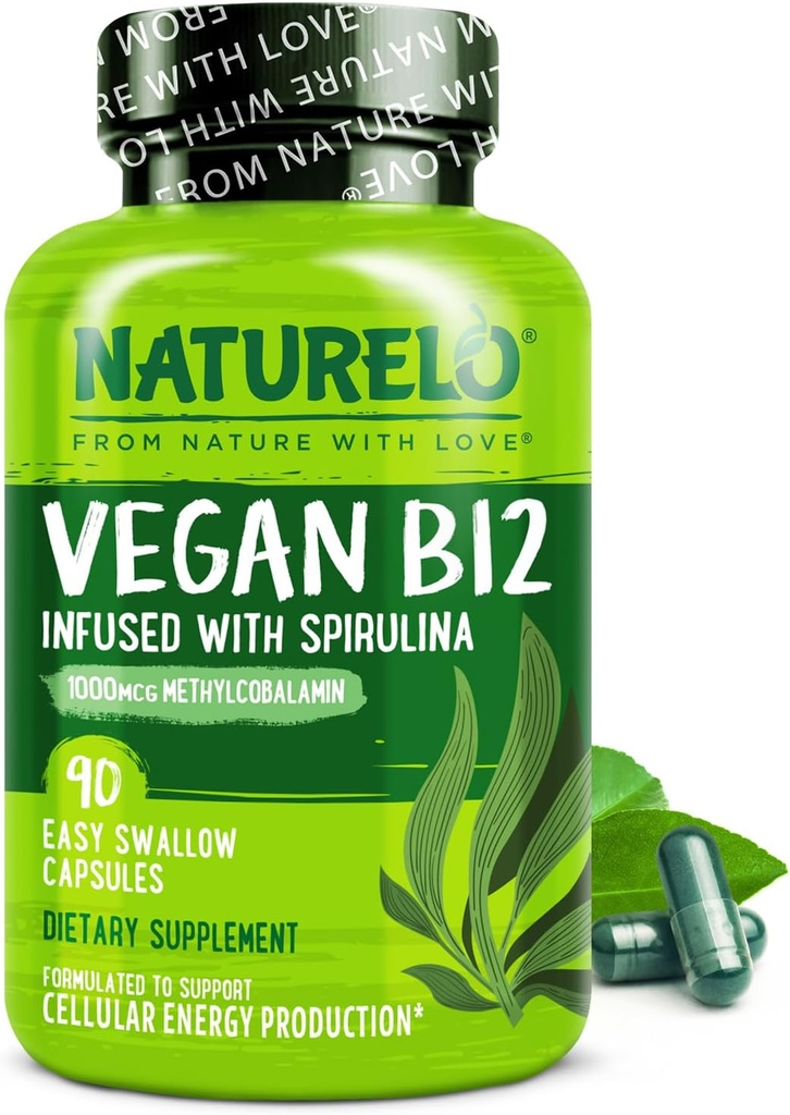 NATURELO Vegan B12 - Methyl B12 with Organic Spirulina - High Potency Vitamin B12 1000 mcg Methylcobalamin - Supports Healthy Mood, Energy, Heart & Eye Health - 90 Capsules