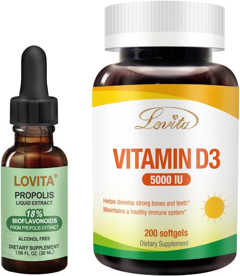Lovita Bee Propolis Liquid Extract & Vitamin D3 Softgel Nutrient Supplement Bundle