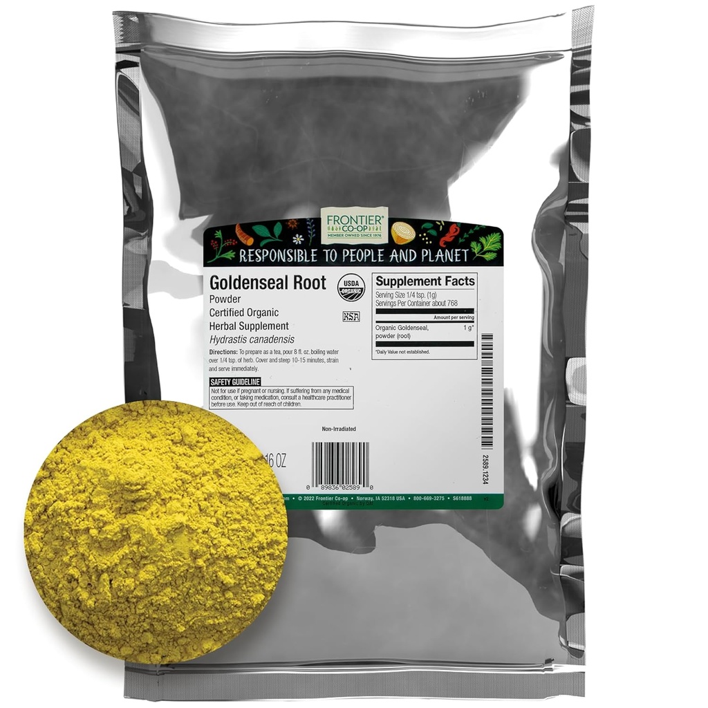 Σύνορα Co-op οργανική σκόνη ρίζας Goldenseal, 1/4 lb - γήινη, πικρή ρίζα βοτάνων με έντονο κίτρινο χρώμα για το τσάι και τη βαφή συνταγές - 4 oz