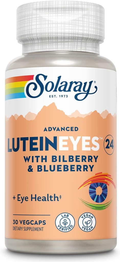 SOLARAY Advanced Lutein Eyes 24mg με Bilberry Extract και Blueberry Extract, Eye & Macular Health Supplement Παροχή Ζεαξανθίνης από Marigold, Vegan, 30 Servings, 30 VegCaps