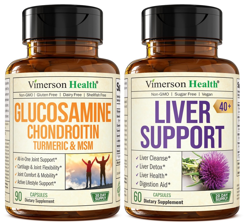 Vimerson Health Glucosamine Chondroitin MSM with Turmeric Boswellia & Liver Cleanse Detox & Repair 40+ Liver Supplement with 50% Silymarin Milk Thistle Extract for Joint and Liver Support