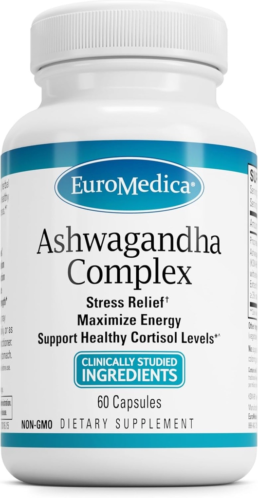 EuroMedica Ashwagandha Complex - Συμπλήρωμα για την υποστήριξη Adrenal Health - Ashwagandha συμπλήρωμα με εκχύλισμα Rhodiola Rosea - φυτικό συμπλήρωμα για την υποστήριξη της ενέργειας & συγκέντρωση - 60 κάψουλες