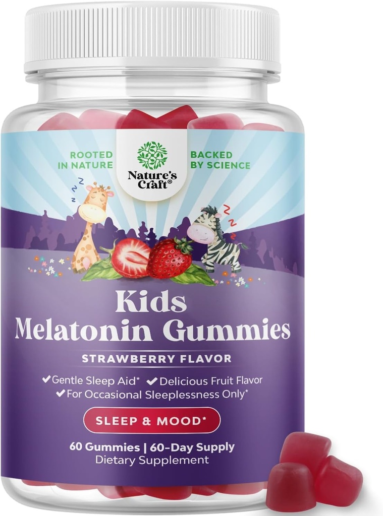 Natures Craft Melatonin Gummies for Kids Sleep Support - Hassle-Free Kids Melatonin Gummies for Mood Support - Delicious and Tummy Friendly Gummy 1 Mg Little Ones - 60 Count