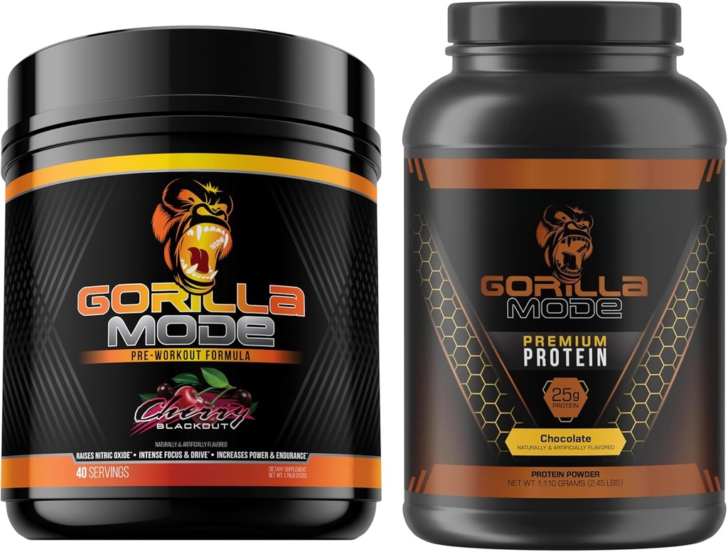 Gorilla Mind Pre προπόνηση (Cherry) + Premium πρωτεΐνη ορού γάλακτος (Chocolate) - συνολική στοίβα για την τροφοδοσία μέγιστη αποτελέσματα προπόνησης