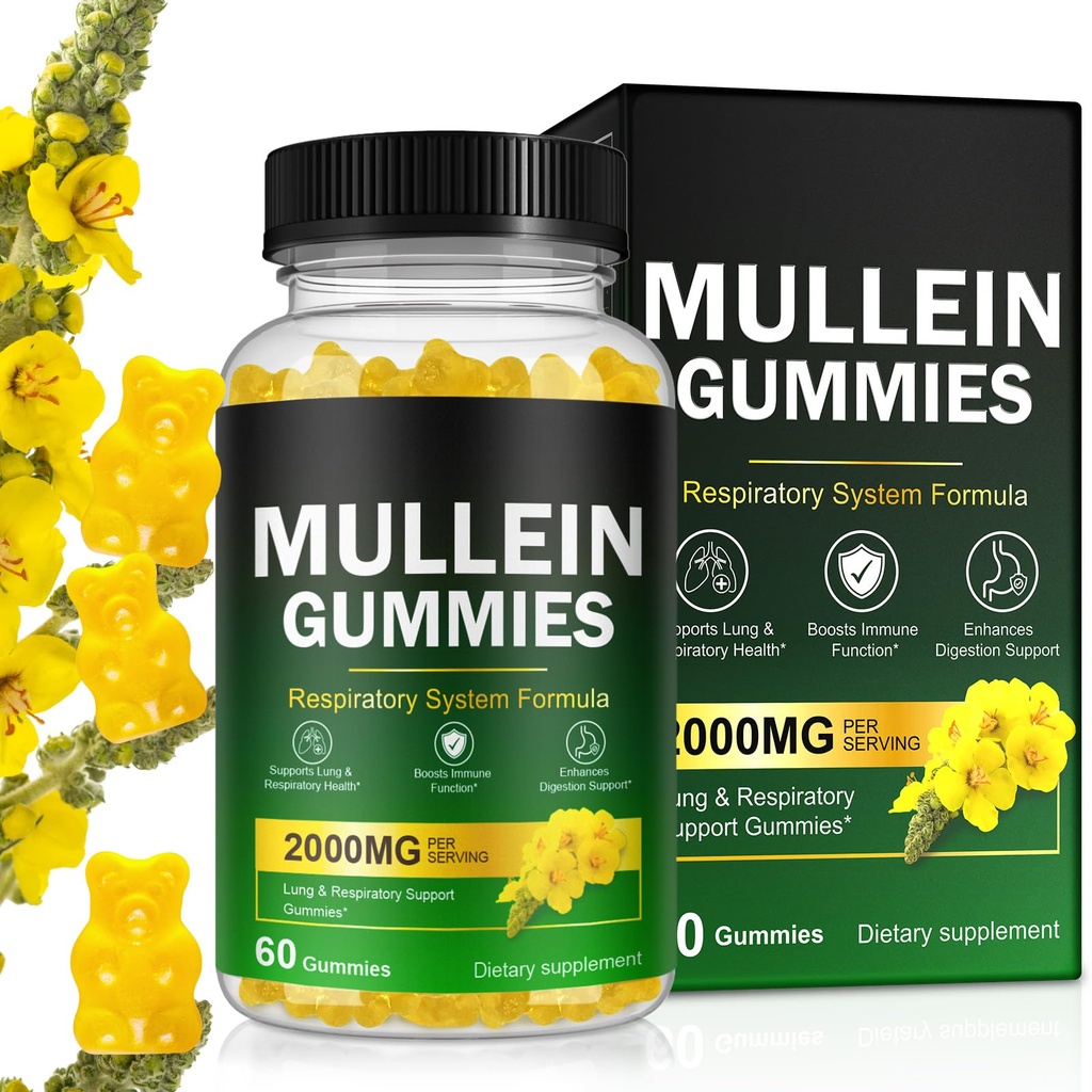 Mullein Gummies for Lung Detox, 2000mg Mullein Leaf Extract for Respiratory & Digestive & Immune Support w/Quercetin, Bromelain, Elderberry & Marshmallow, Vegan 60 Gummies
