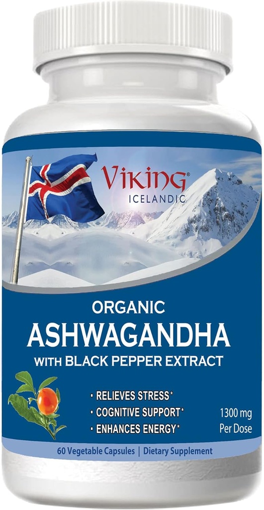Viking Organic Ashwagandha with Black Pepper Extract Icelandic. 60 Vegan Capsules - Maximum Absorption for Stress, Mood & Energy Support