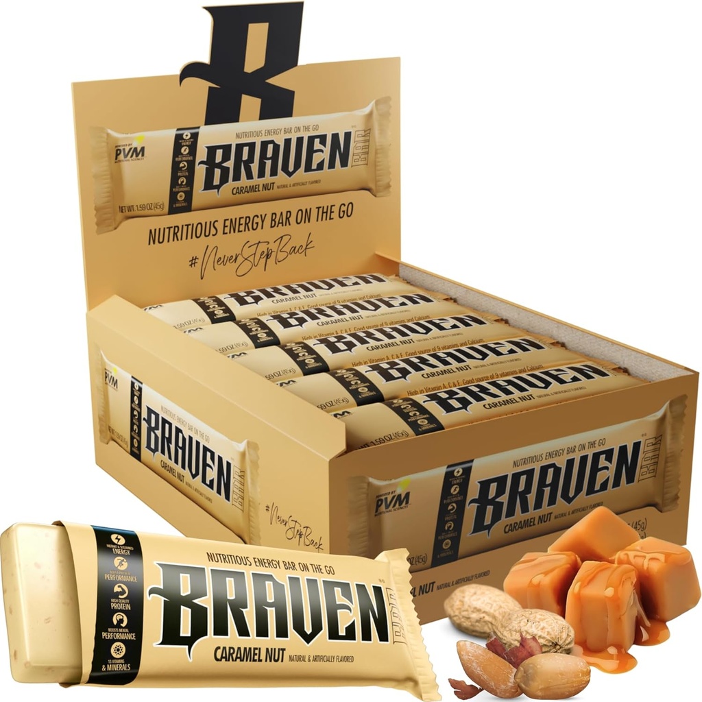 Braven Bar Caramel Nut Energy Bars (1,59 oz, Pack of 20) – Ενεργειακά Chews με 5g Πρωτεΐνη – On-the-Go Ενεργειακά Σνακ για Τρέξιμο, Πεζοπορία, και Αθλητισμός - Χωρίς γλουτένη για Παρατεταμένη Ενεργειακή Ενίσχυση