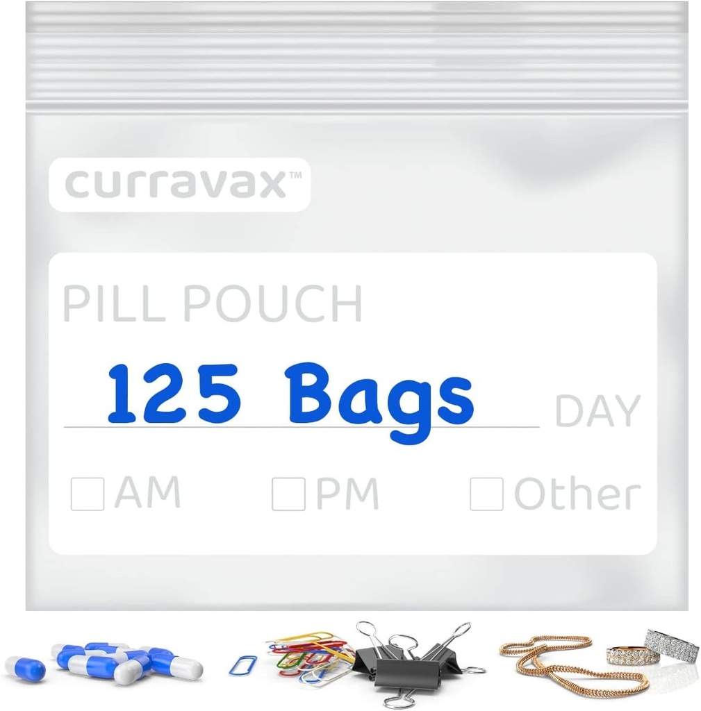 Pill Pouch Bags for Travel Pack of 125- BPA Free 3 x 2.75 inch Pill Pouch - Pill Pouches for Medicine with Write on Label –Clear Ziplock Pill Baggies for Medicine Organizer