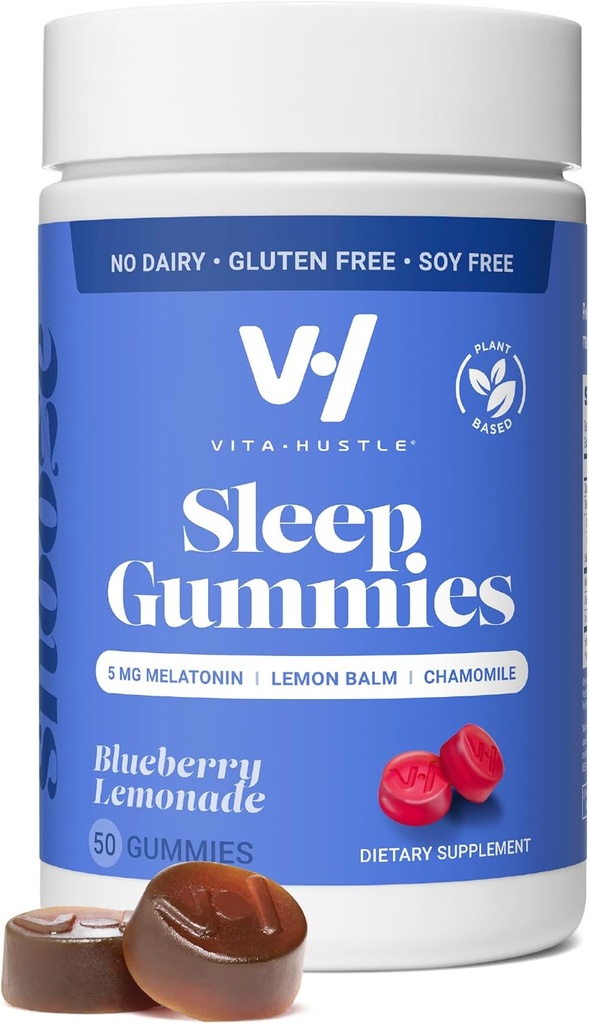VitaHustle Natural Sleep Gummy 5 mg μελατονίνη, βάλσαμο λεμονιού, χαμομήλι, Βοηθητικό για την χαλάρωση και τον ύπνο, χαμηλή ζάχαρη, φυτικής βάσης, λεμονάδα βατόμουρο, 50 Count
