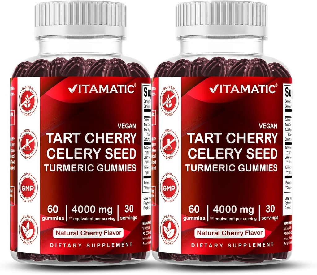 Vitamatic Tart Cherry with Celery Seed Gummies – 4000mg Ισοδύναμο ανά υπηρεσία (από 10:1 Extract, 400mg) - 2-Pack