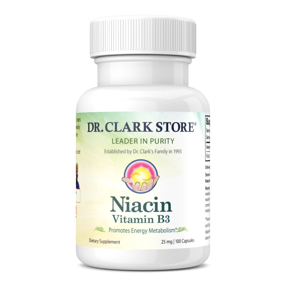 Dr. Clark Niacin (Vitamin B3) Supplement – 25mg, 100 Gelatin Capsules, Supports Circulation & Healthy Cholesterol Levels