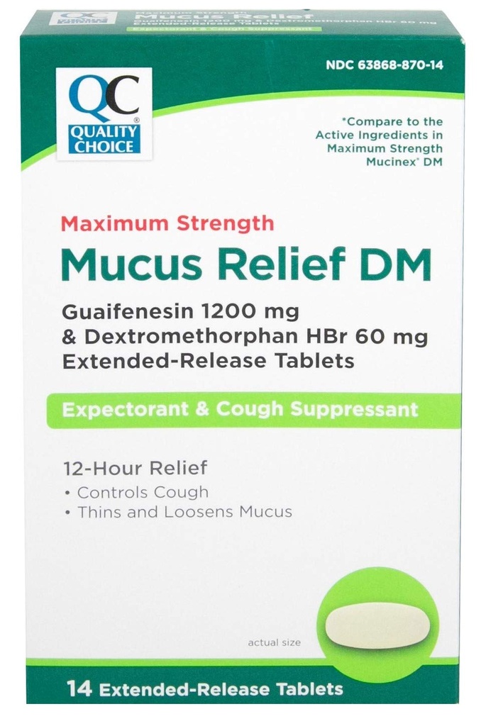 Ανακούφιση  Mucus, Suppressant και Reventorant, 12 ώρες ανακούφιση, Guaifenesin 1200 mg και Dextromethorphan HBr 60 mg δισκία παρατεταμένης αποδέσμευσης, 14 μέτρα