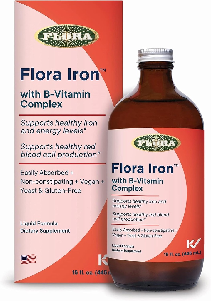 Flora Iron - Vegan Liquid Iron Supplement with B Vitamins - Offers Red Blood Cell & Energy Support - Yeast-Free & Gluten-Free - Delicious Fruit Juice Base - 15 fl. oz. Glass Bottle