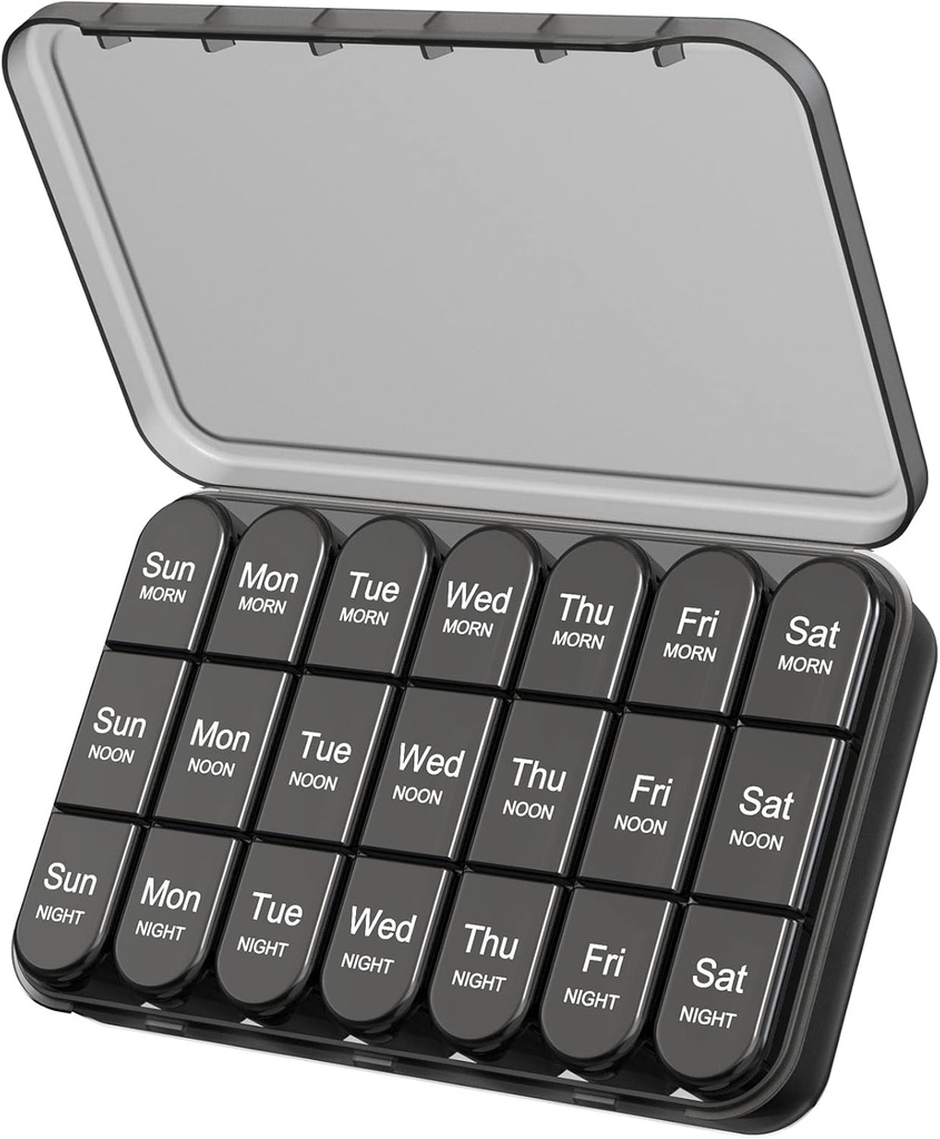 Daviky Pill Organizer 3X την ημέρα, Weekly Pill Box 7 Day, Travel Pill Case with Large Containers, Light-Proof Pill Case for Vitamins, Medication, Συμπληρώματα και ιχθυέλαια (Μαύρο)